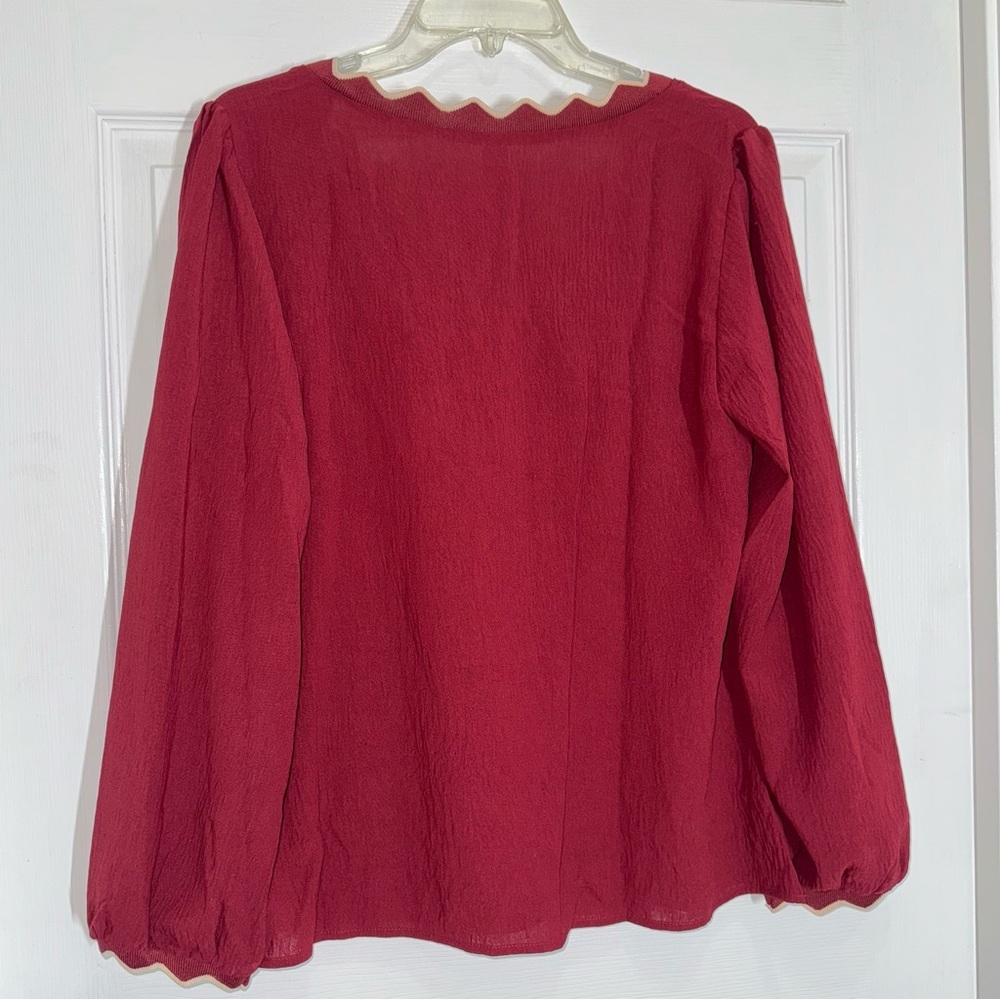 Chic Burgundy V-Neck Long Sleeve Women's Loose Fit Blouse with White Trim - Picture 7 of 7